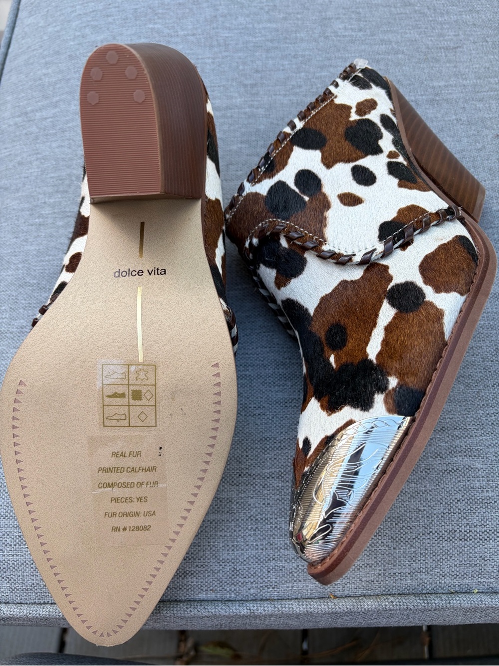 Dolce Vita Brown and White Cow-Print Block Heel Mules with Metallic Toe size 9 - Picture 8 of 10